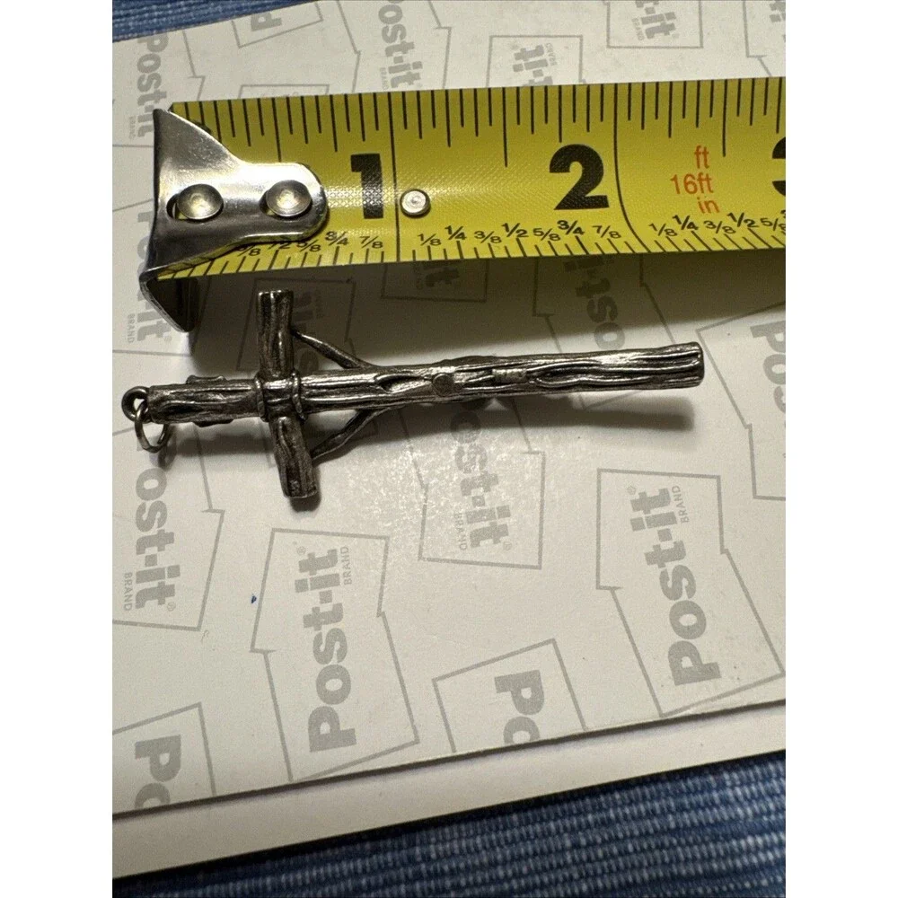 Vintage Silver Tone Log Cross Crucifix‎ Pendant INRI Rustic Branch Style 2.5 In